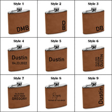 Load image into Gallery viewer, 6 oz. Dark Brown Leatherette & Stainless Steel Flask | Engraved