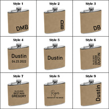 Load image into Gallery viewer, 6 oz. Light Brown Leatherette & Stainless Steel Flask | Engraved