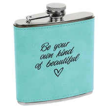 Load image into Gallery viewer, 6 oz. Teal Leatherette &amp; Stainless Steel Flask | Engraved
